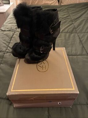 Ash Black Fur-Trim Buckle Stiletto Ankle Boots